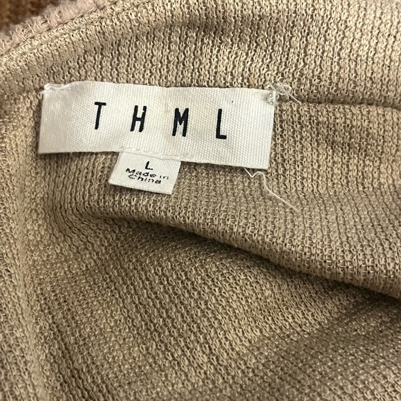 THML Womens Sweater Tan Navy Blie Orange Mixed Print Balloon Sleeve Large - Picture 6 of 7